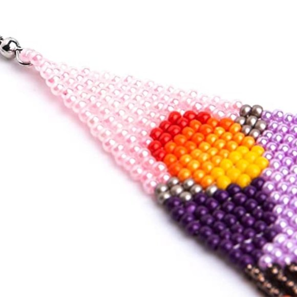 Long Abstract Sunset Scenery Beaded Earrings Pink Purple Orange Black Seed Beads - Picture 8 of 10